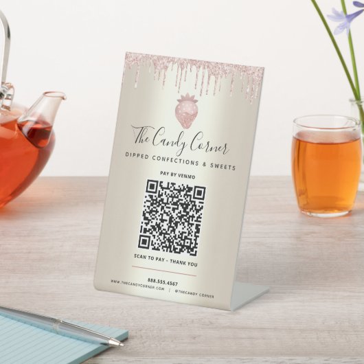 Gold QR Code Bezahlung hier Rosa Erdbeeren Glitzer Sockelschild (In SItu)