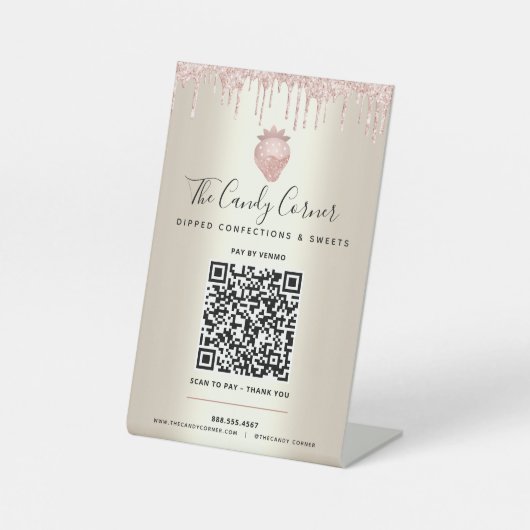 Gold QR Code Bezahlung hier Rosa Erdbeeren Glitzer Sockelschild (Vorderseite)
