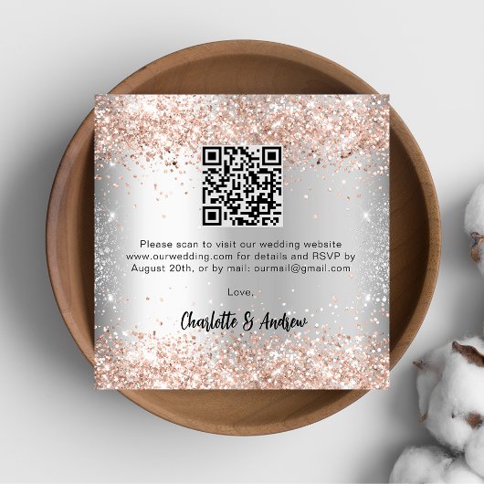 Gold-QR-Code-Hochzeit RSVP für Silberne Rose Begleitkarte