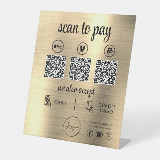 Gold QR Code Payment Scan to Pay Business Logo Sockelschild (Vorderseite)