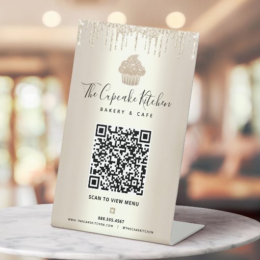 Gold QR Code Scan Menü Cupcake Glitzer Bäckerei Ca Sockelschild