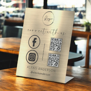 Gold QR Connect mit Social Media des US-Firmenlogo Sockelschild