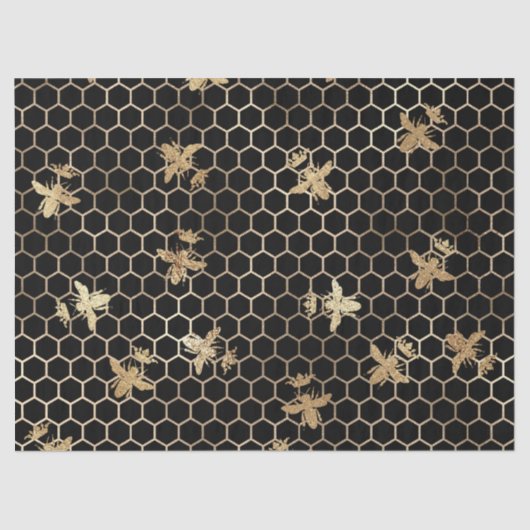 Gold Queen Bees and Honeycomb on Black Decoupage Seidenpapier (Vorderseite)