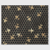Gold Queen Bees and Honeycomb on Black Geschenkpapier (Flach)