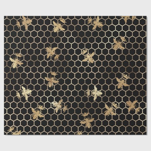 Gold Queen Bees and Honeycomb on Black Geschenkpapier (Flach)