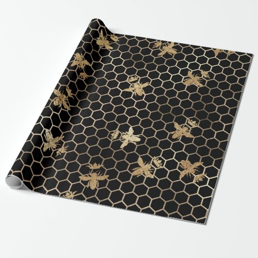 Gold Queen Bees and Honeycomb on Black Geschenkpapier (Ungerollt)