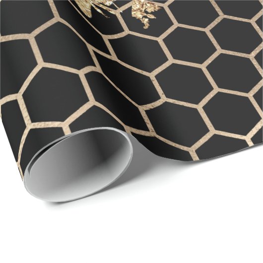 Gold Queen Bees and Honeycomb on Black Geschenkpapier (Rolleneckpunkt)