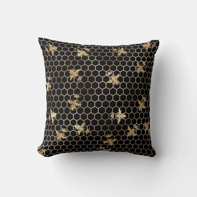 Gold Queen Bees and Honeycomb on Black Kissen (Vorderseite)