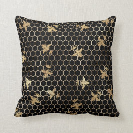Gold Queen Bees and Honeycomb on Black Kissen