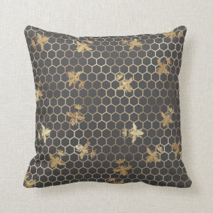 Gold Queen Bees and Honeycomb on Gray Kissen