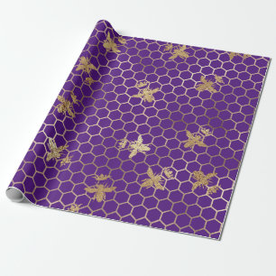 Gold Queen Bees and Honeycomb on Lila Geschenkpapier