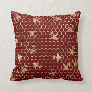 Gold Queen Bees and Honeycomb on Red Kissen