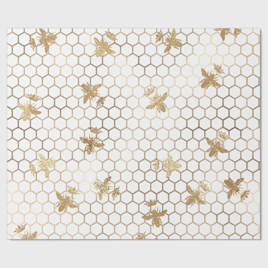 Gold Queen Bees and Honeycomb on White Geschenkpapier (Flach)