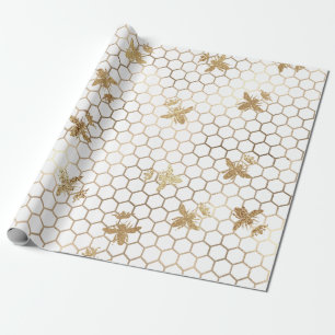 Gold Queen Bees and Honeycomb on White Geschenkpapier