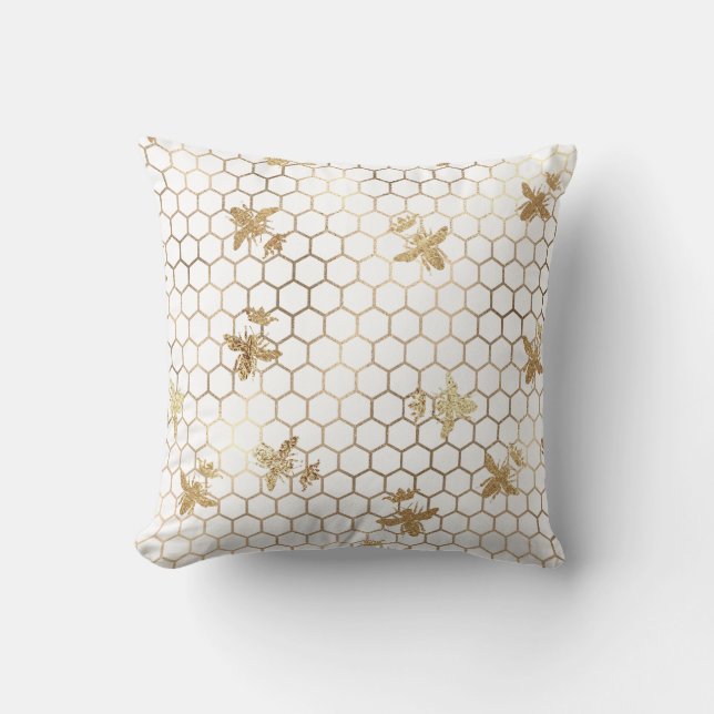 Gold Queen Bees and Honeycomb on White Kissen (Vorderseite)