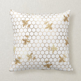 Gold Queen Bees and Honeycomb on White Kissen