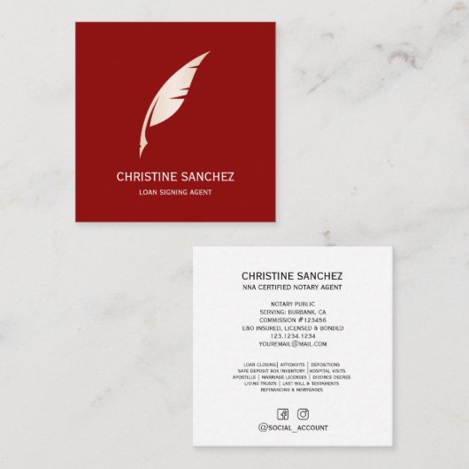 Gold Quill Pen MOBILE NOTARY SINGNING AGENT RED Quadratische Visitenkarte (Vorne/Hinten)