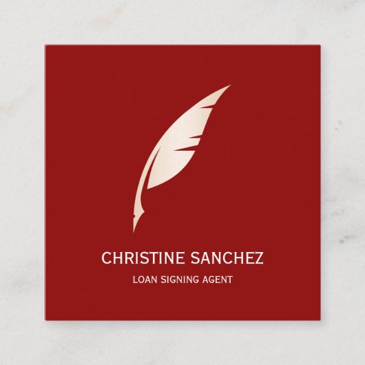 Gold Quill Pen MOBILE NOTARY SINGNING AGENT RED Quadratische Visitenkarte (Vorderseite)
