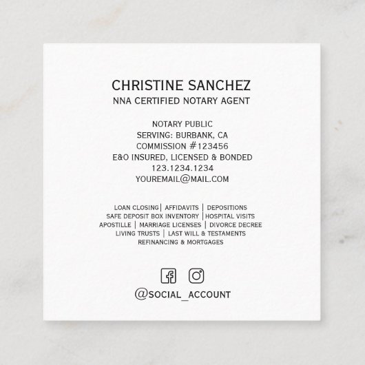 Gold Quill Pen MOBILE NOTARY SINGNING AGENT SCHWAR Quadratische Visitenkarte (Rückseite)