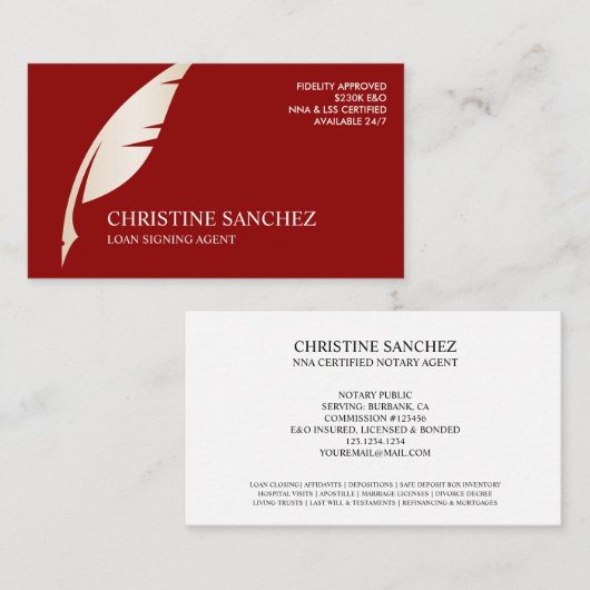 Gold Quill Pen RED PUBLIC NOTARY SINGNING AGENT Visitenkarte (Vorne/Hinten)