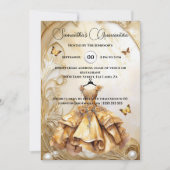 Gold Quinceañera Ballgown luxuriöse Blumenperle Einladung (Vorderseite)