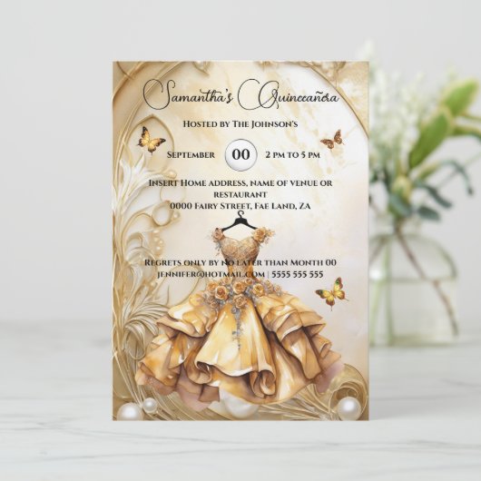 Gold Quinceañera Ballgown luxuriöse Blumenperle Einladung (Stehend Vorderseite)