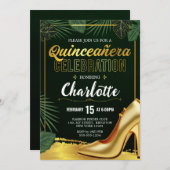 Gold Quinceanera Celebration Emerald Green Einladung (Vorne/Hinten)
