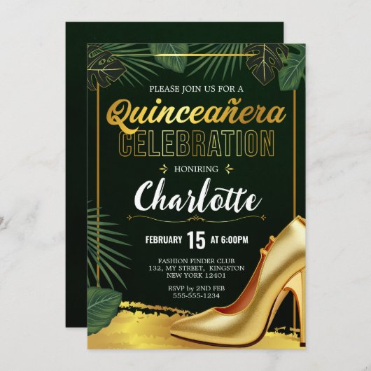 Gold Quinceanera Celebration Emerald Green Einladung (Vorne/Hinten)