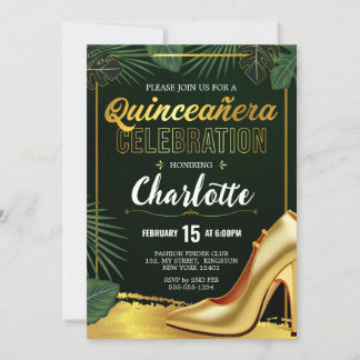 Gold Quinceanera Celebration Emerald Green Einladung