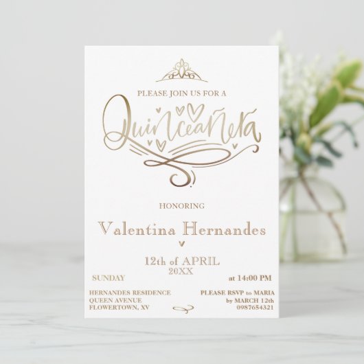 Gold Quinceañera Einladung Vorlage (Stehend Vorderseite)