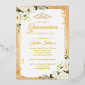Gold Quinceanera Floral Sparkle Tiara Birthday Folieneinladung (Vorderseite)