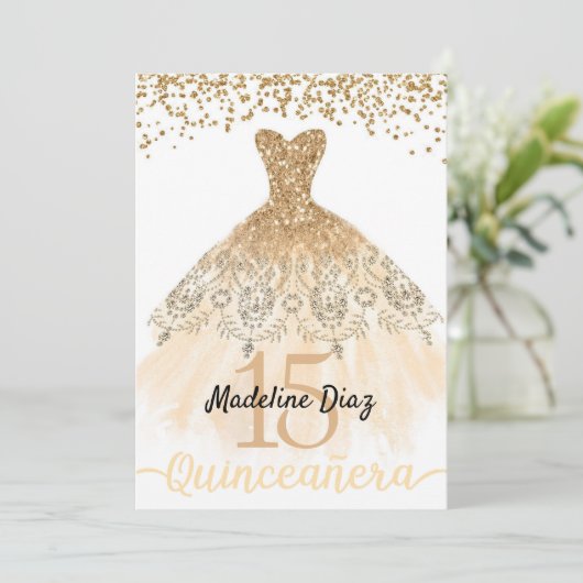 Gold Quinceanera Geburtstag Einladung Cumpleanos (Stehend Vorderseite)