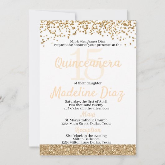 Gold Quinceanera Geburtstag Einladung Cumpleanos (Rückseite)