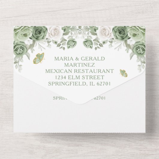 Gold Quinceañera Sage Green Crown alles in einem All In One Einladung (Rückseite)