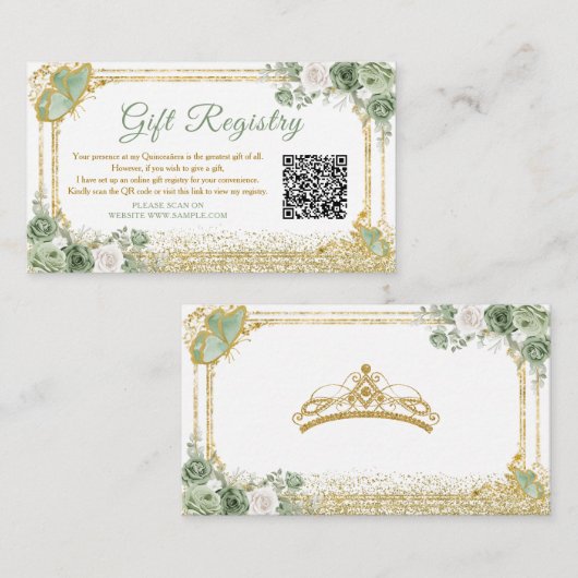 Gold Quinceañera Sage Green Crown Gift Registry Begleitkarte (Vorne/Hinten)