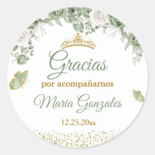 Gold Quinceañera Sage Green Crown Gracias Runder Aufkleber