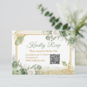 Gold Quinceañera Sage Green Crown QR Rsvp Card Dankeskarte (Stehend Vorderseite)