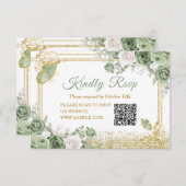 Gold Quinceañera Sage Green Crown QR Rsvp Card Dankeskarte (Vorne/Hinten)