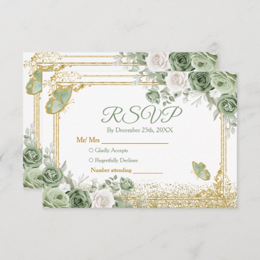 Gold Quinceañera Sage Green Crown Rsvp Card Dankeskarte (Vorne/Hinten)
