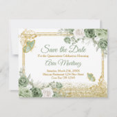 Gold Quinceañera Sage Green Crown Save the Date Dankeskarte (Vorderseite)