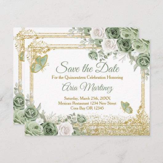 Gold Quinceañera Sage Green Crown Save the Date Dankeskarte (Vorne/Hinten)