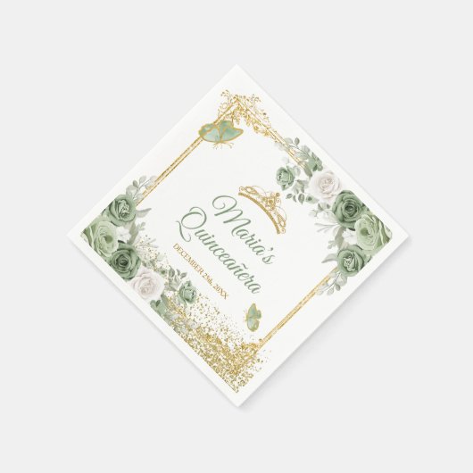 Gold Quinceañera Sage Grüne Kronenschmetterlingspa Serviette (Ecke)
