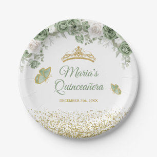 Gold Quinceañera Salbei Grün Krone Schmetterling Pappteller