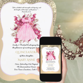 Gold Quinceñera Rosa Blütenfarben Elegante Einladu Einladung