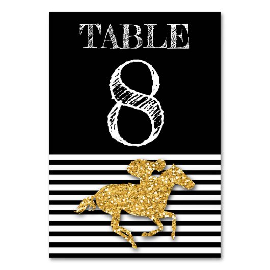 Gold Race Pferd auf Schwarz & Weiß Streifen Geburt Tischnummer (Rückseite)