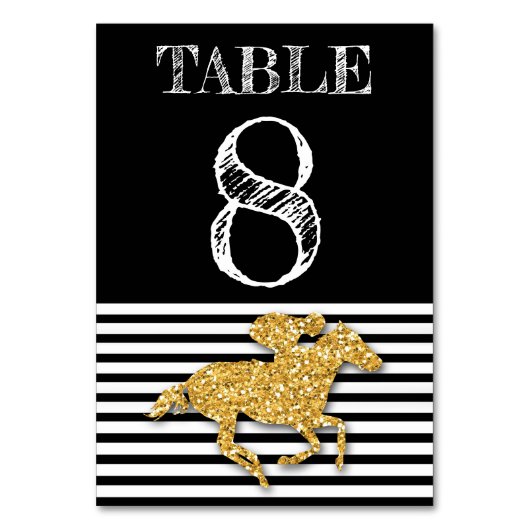 Gold Race Pferd auf Schwarz & Weiß Streifen Geburt Tischnummer (Vorderseite)