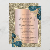 Gold-Rahmen, Glitzer-Grüne Blume-Rente Einladung (Vorne/Hinten)