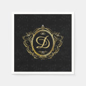 Gold Rahmen Monogram Black Damask Back Serviette (Vorderseite)
