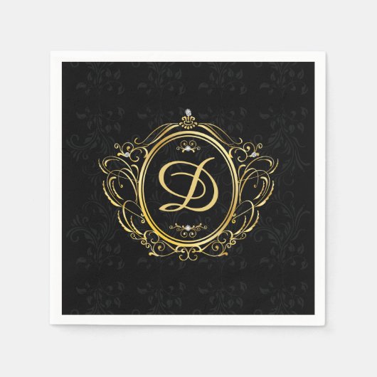 Gold Rahmen Monogram Black Damask Back Serviette (Vorderseite)