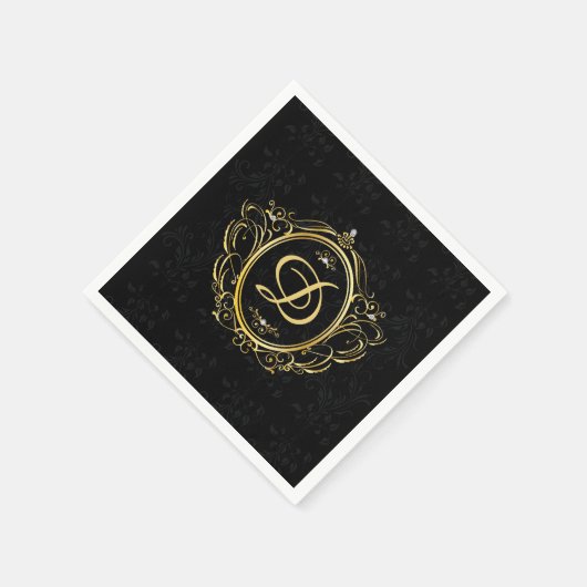 Gold Rahmen Monogram Black Damask Back Serviette (Ecke)